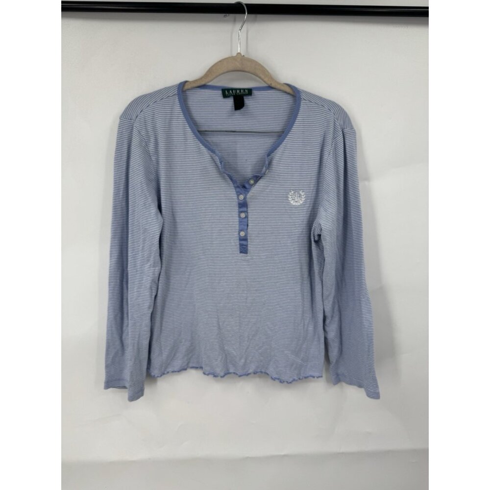 Lauren‎ Ralph Lauren Y2K Retro Top Women L Blue Crest Preppy Lettuce Hem School